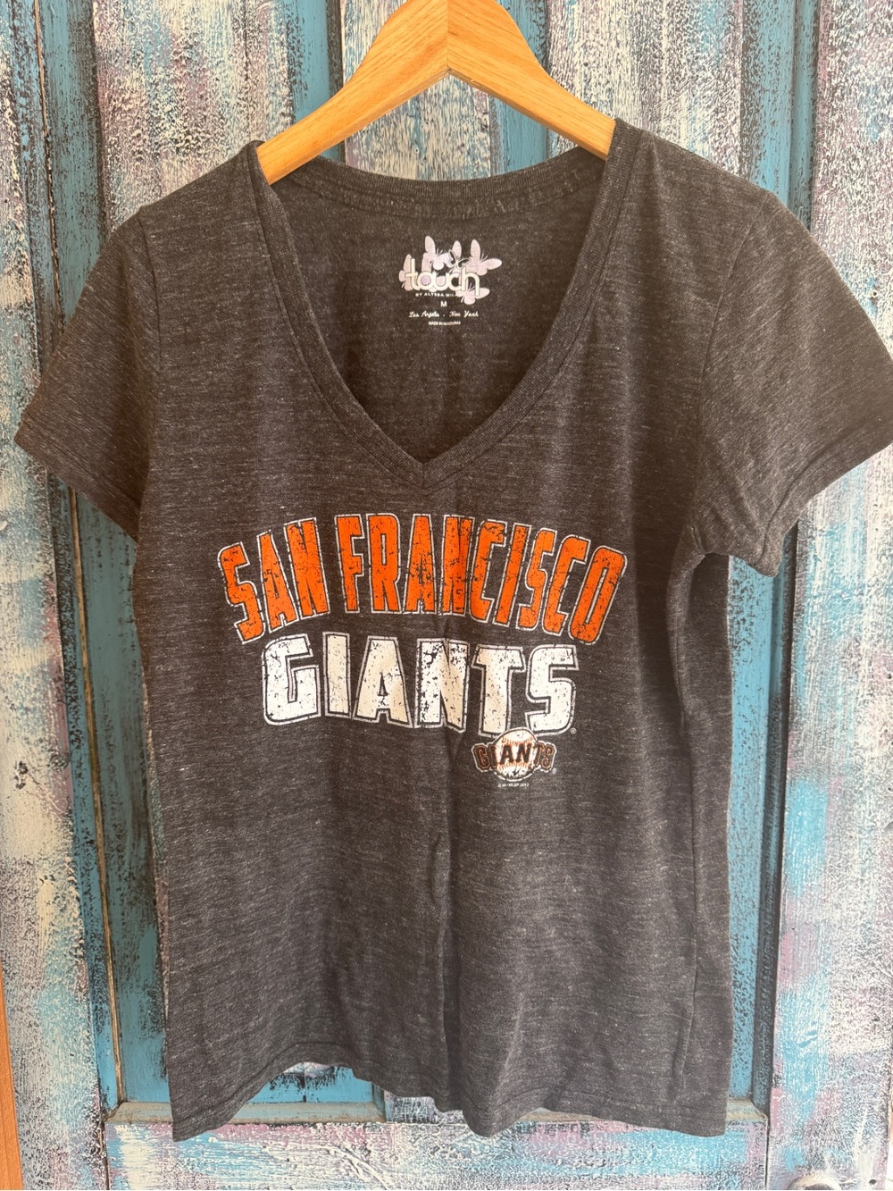San Francisco Giants Women's V-Neck T-Shirt - Charcoal with Orange Logo